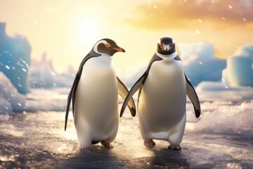 Nature and wildlife, serene scene of two penguins bonded by flippers with iceberg backdrop