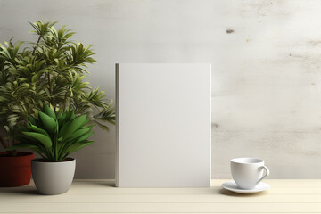 Blank picture frame with coffee cup on wooden table. 3D rendering