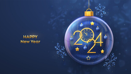 Happy New Year 2024. Hanging Golden numbers 2024, stars, watch with Roman numeral and countdown midnight, in a transparent glass ball on blue background. Greeting card, banner, poster, flyer. Vector. - obrazy, fototapety, plakaty