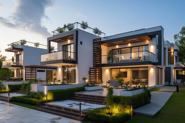 Luxury modern house with garage and terrace at dusk.