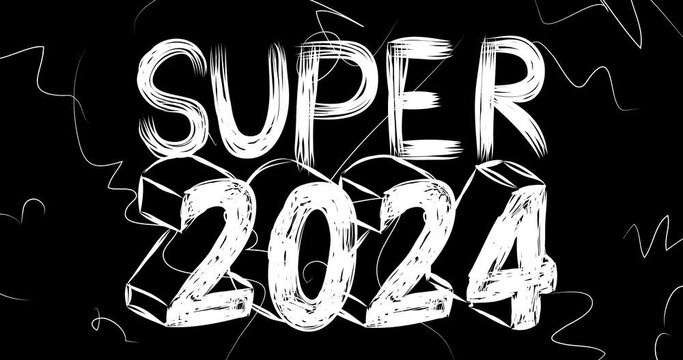 Super 2024 number and word animation of old chaotic film strip with grunge effect. Busy destroyed TV, video surface, vintage screen white scratches, cuts, dust and smudges.
