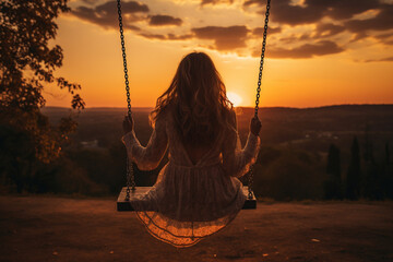 Beautiful young woman sitting on a swing in the park at sunset