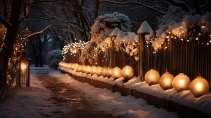 Christmas decorations on the street with warm lights, spheres on the snow and small lights, waiting...