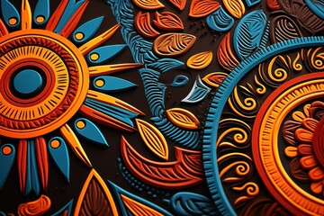 Intricate quilled paper art with vibrant colors, abstract sun design, detailed craftwork.