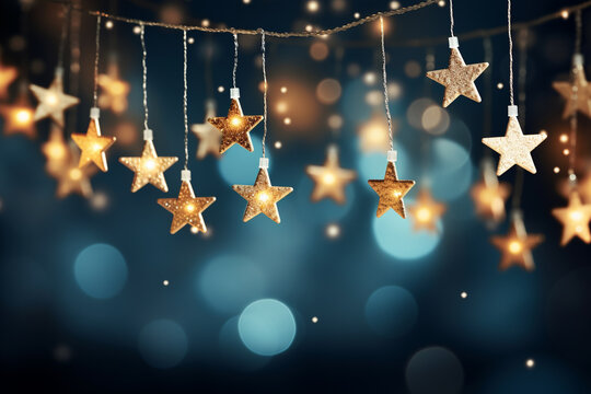 Christmas and New Year background with golden stars and bokeh lights