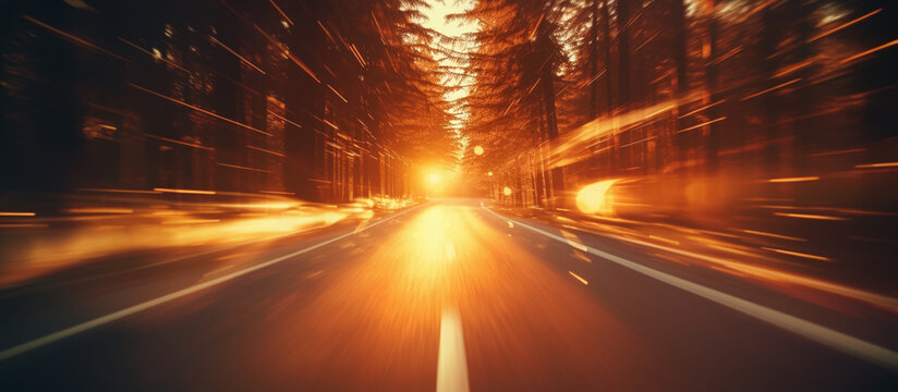 Long exposure photo of car on the road with abstract high speed motion blur background