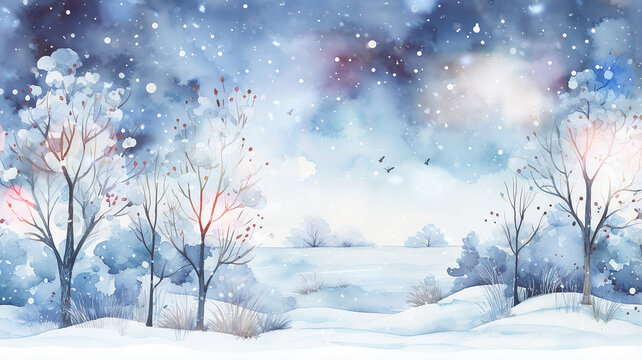 winter postcard blank form watercolor drawing, landscape in blue tones, covered with snow, snowfall in light blue tones abstract blurred background