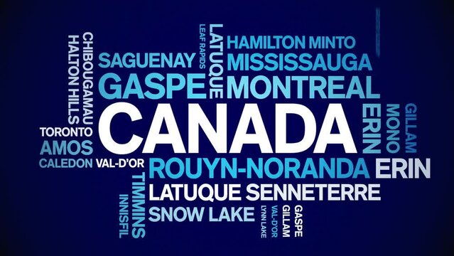 Canada animated tag word cloud;text design animation List of cities towns kinetic typography seamless loop.