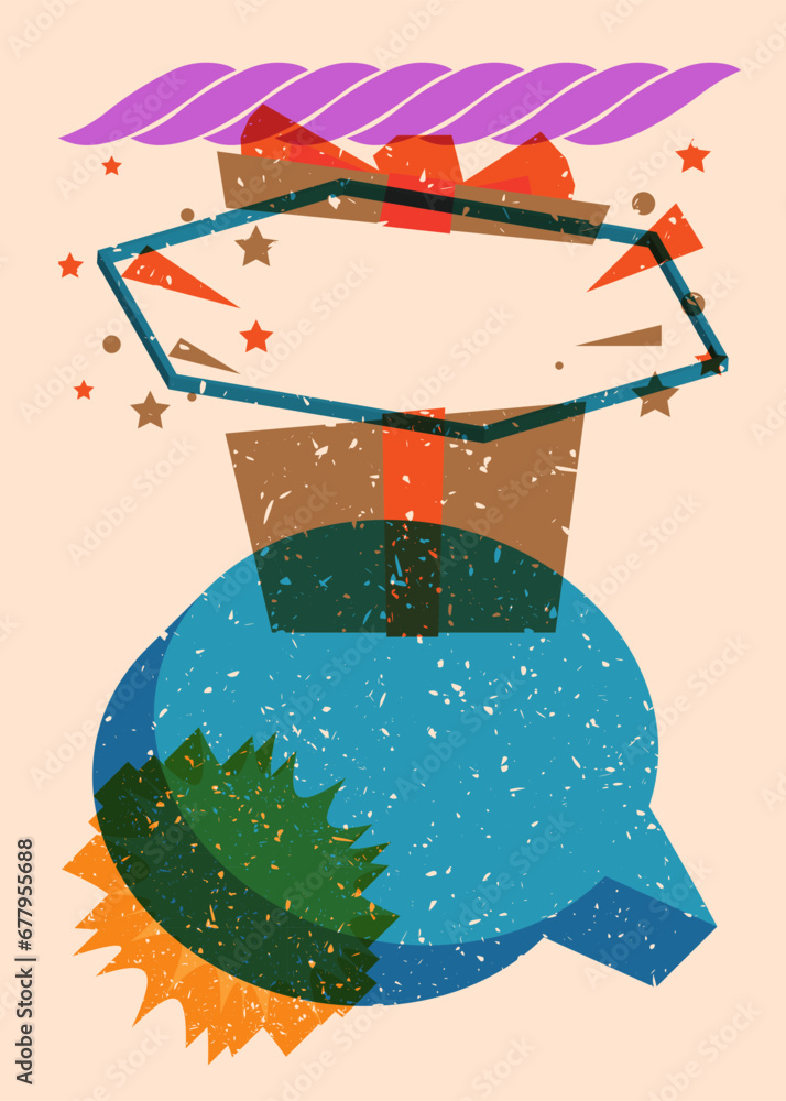 Poster Risograph gift box with speech bubble with geometric shapes. Holiday objects in trendy riso graph print texture style design with geometry elements.