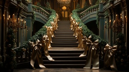 Fototapeta premium Stairs of a large mansion railings decorated with golden bows, Christmas decorations preparing everything for Christmas