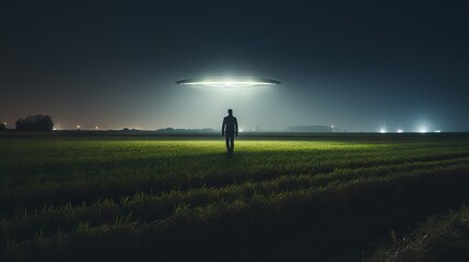 Obraz na płótnie Canvas First Encounter Man Meets Alien by Landed UFO in Field at Night