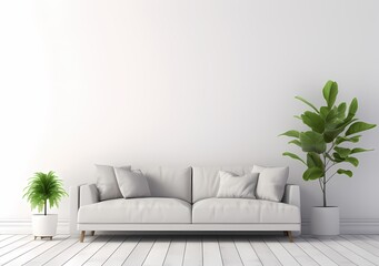 Modern living room with a comfortable couch, white walls, wooden floor, and green potted plants.