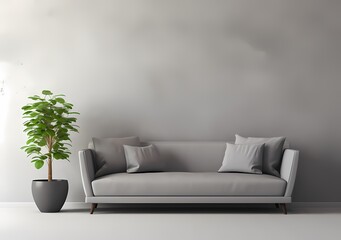 Modern living room with a comfortable couch, white walls, wooden floor, and green potted plants.