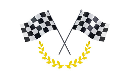 3D rendering of checker crossed flag pair, waving checker flags to crown a champion or the winner of a race on a white background