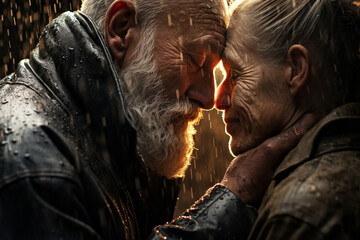 portrait of a kissing under rain elderly couple, true love