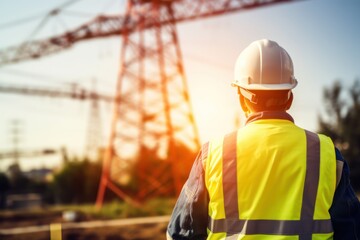 Electrical engineer standing and watching at the electric power station to view the planning work by producing electricity at high voltage electricity poles.	