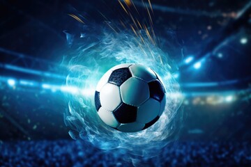 Fototapeta premium Football is in the goal with blue sky and water spray splashing