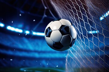 Naklejka premium Football is in the goal with blue sky and water spray splashing