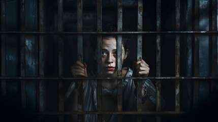 Female Prisoner behind bars.  (Generative AI).