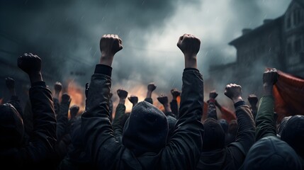 Fists In The Air Protesters During A Riot Smoke In The Background.  (Generative AI).