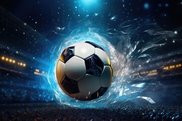 Naklejka premium Football is in the goal with blue sky and water spray splashing