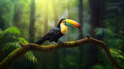 Tucan Perched On A Tree In The Amazon Rainforest Jungle.  Generated with AI. - Powered by Adobe