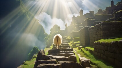 Cute Llama Hanging Out In Nature At An Ancient Machu Picchu Temple. Generated with AI.