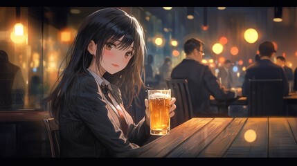 ［AI生成画像］ビールを飲むビジネスウーマン、居酒屋9
