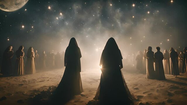 camera moves through veil, audience transported into mysterious world lunar magic. stars symbols seem come life, guiding viewer journey through depths zodiac.
