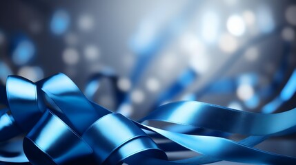 Blue Ribbon On Silver Glitter Background.  (Generative AI).