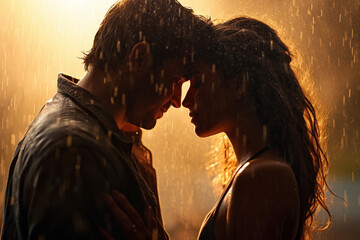 portrait of a kissing under rain couple, true love