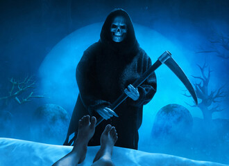 Grim reaper with scythe on graveyard cemetery with full moon background - 677957253