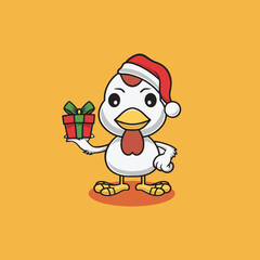 Cute chicken with christmas gift cartoon illustration