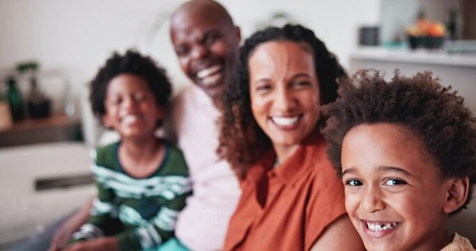 Home, face selfie and happy African family love, bonding and smile for memory photo of children, mom and dad. Portrait, photography and profile picture of young youth kids, mother and father together
