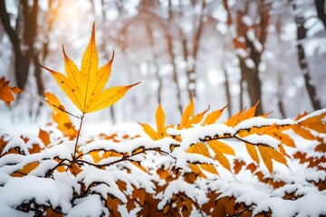 Yellow leaves in snow. Late fall and early winter. Blurred nature background with shallow dof.
