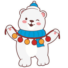 Fototapeta premium Cute Polar Bear With Fairy Lights Illustration