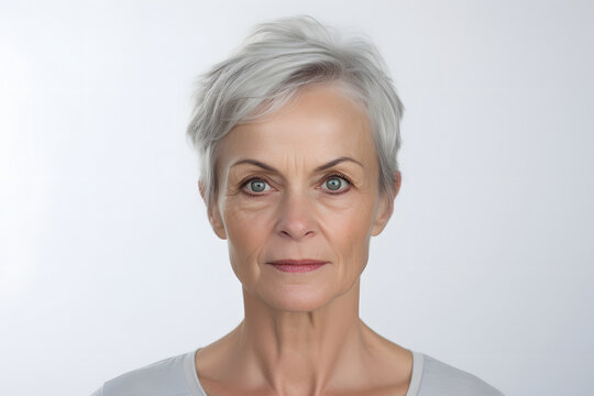 senior Caucasian woman portrait on white background. Neural network generated photorealistic image