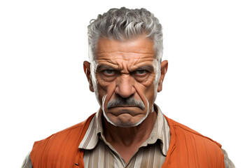 Fototapeta premium Sulking senior Latin American man, head and shoulders portrait on white background. Neural network generated photorealistic image