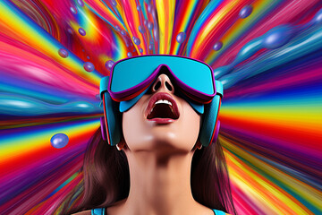 emotional person wearing Virtual Reality glasses on colorful Metaverse background