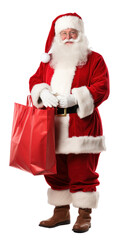 Santa Claus posing near bag full of gifts, isolated on isolated background.
