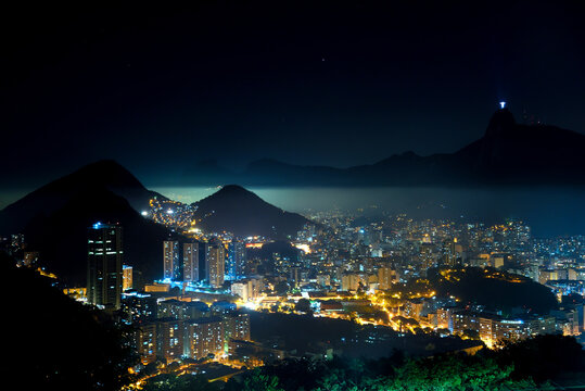 Corcovado Mountain and Botafogo Neighborhood in Rio de Janeiro Skyline seen from the Sugarloaf Mountain at Night