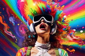 emotional person wearing Virtual Reality glasses on colorful Metaverse background
