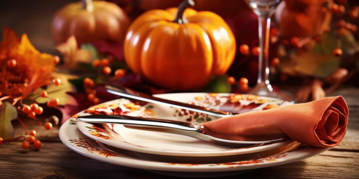 Empty place setting with a plate and silverware on a plain background with pumpkins and an autumn theme