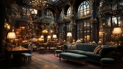 Fototapeta premium hotel lobby with Christmas decoration, lights everywhere, waiting for Christmas and Christmas Eve to celebrate