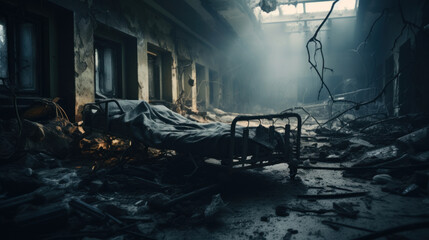 A destroyed hospital after an airstrike - obrazy, fototapety, plakaty
