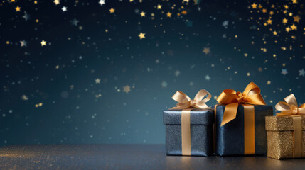 Golden gift presents on a light dark blue background with colorful bokeh and stars glittering