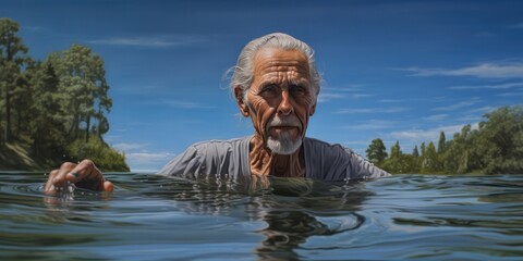 Fototapeta na wymiar a realistic painting of an elderly man standing in water, generative AI