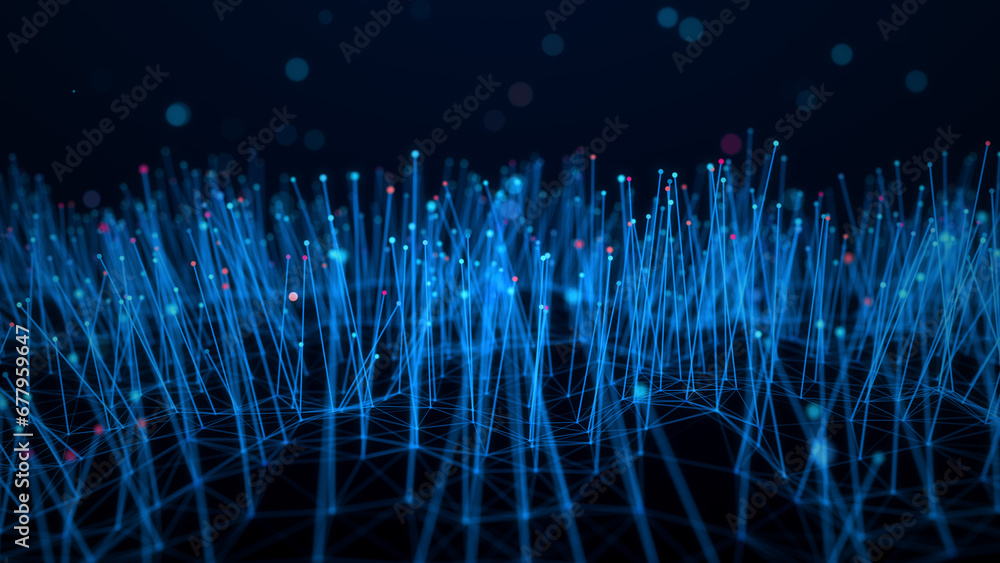 Poster abstract futuristic blue shiny selected focus unique dots and straight lines connection digital netw