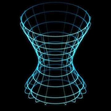 blue glowing hyperboloid tower skeleton wireframe on black background