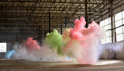 inside empty warehouse, clouds of bright colorful blue purple pink yellow smoke float in air. AI Generated.